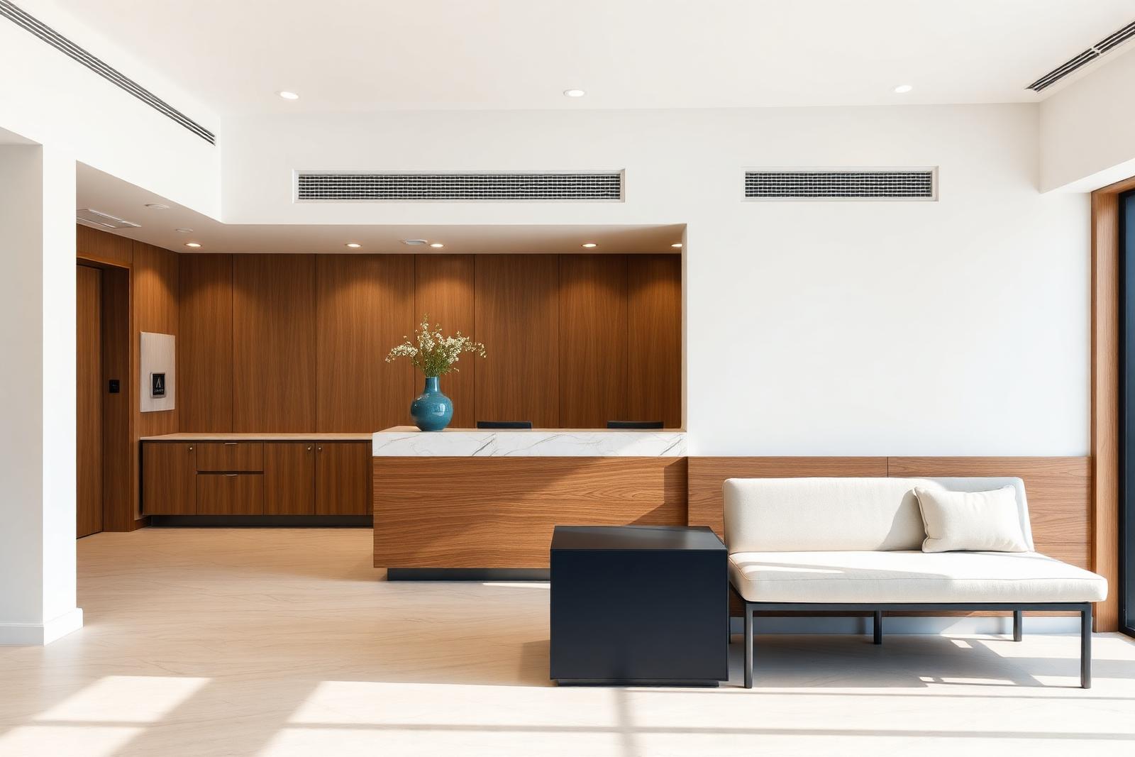 Reception at Aurelia Dental — warm-white walls, oak millwork and a stone counter