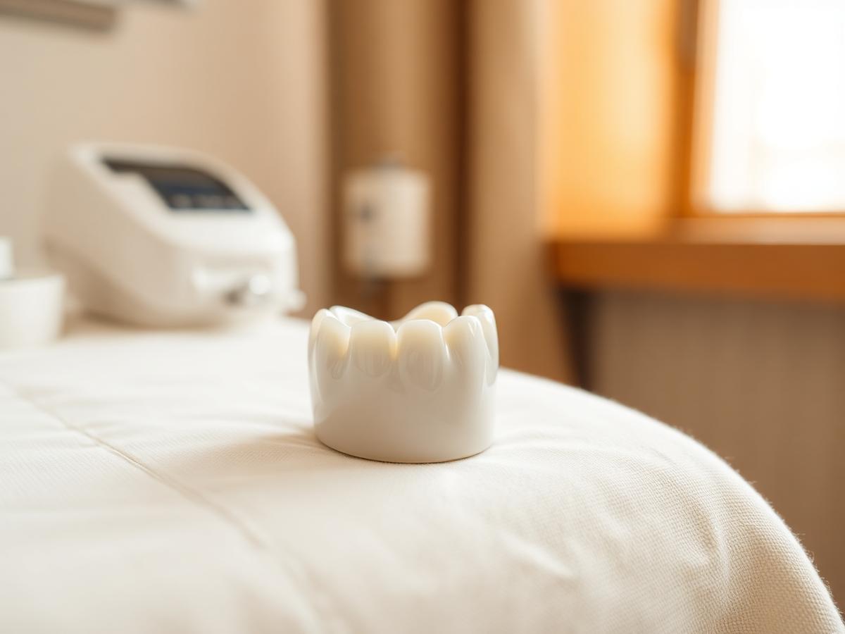 Close-up of a pristine ceramic dental crown on warm linen