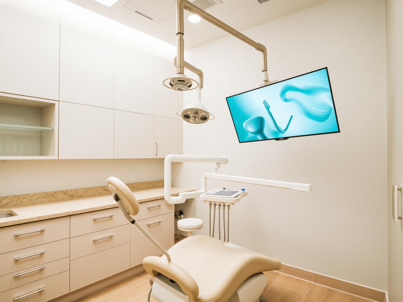 A modern, warm-white Aurelia treatment room with a large monitor and articulating light