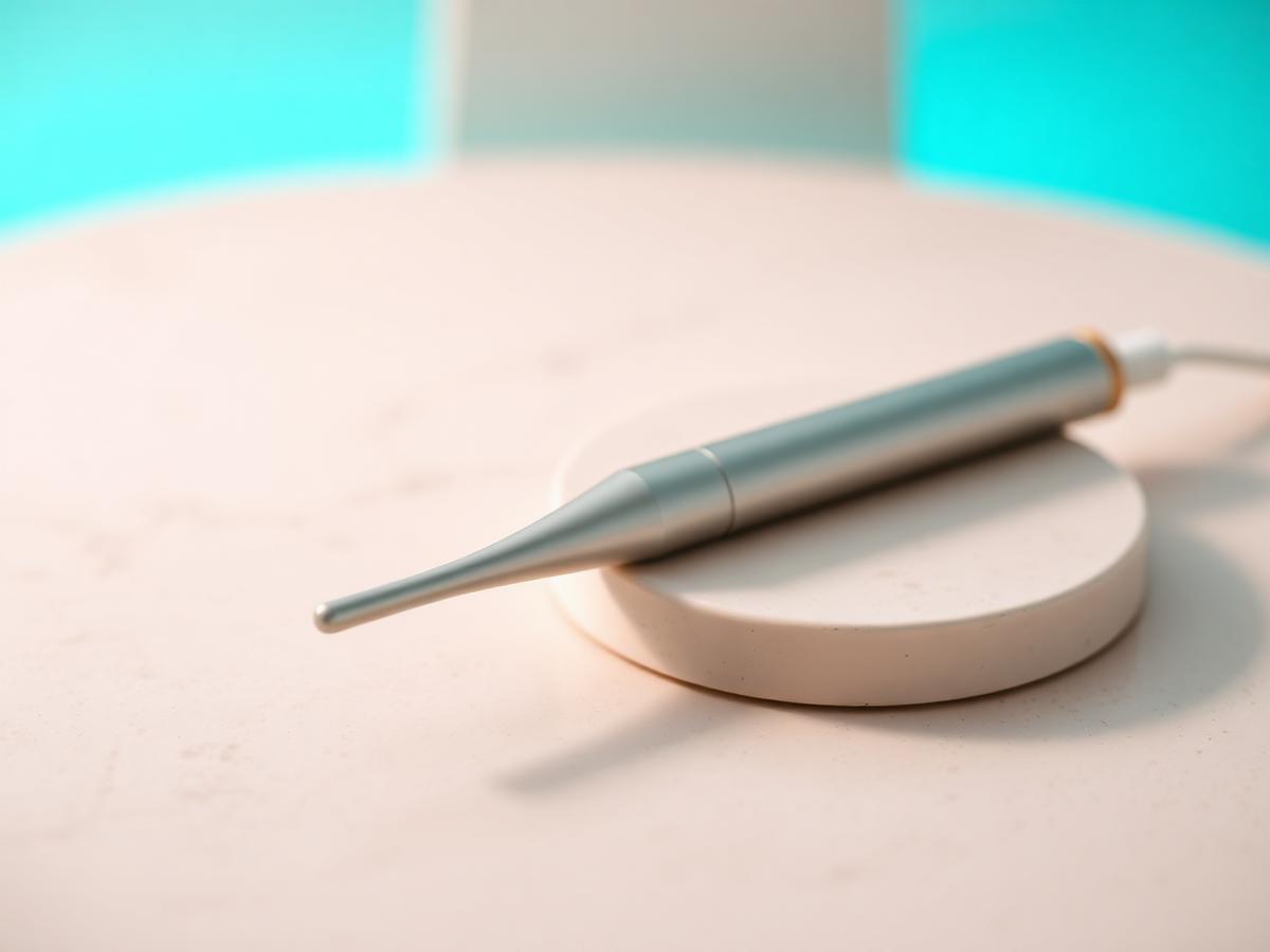 Modern intraoral scanner wand on a stone surface